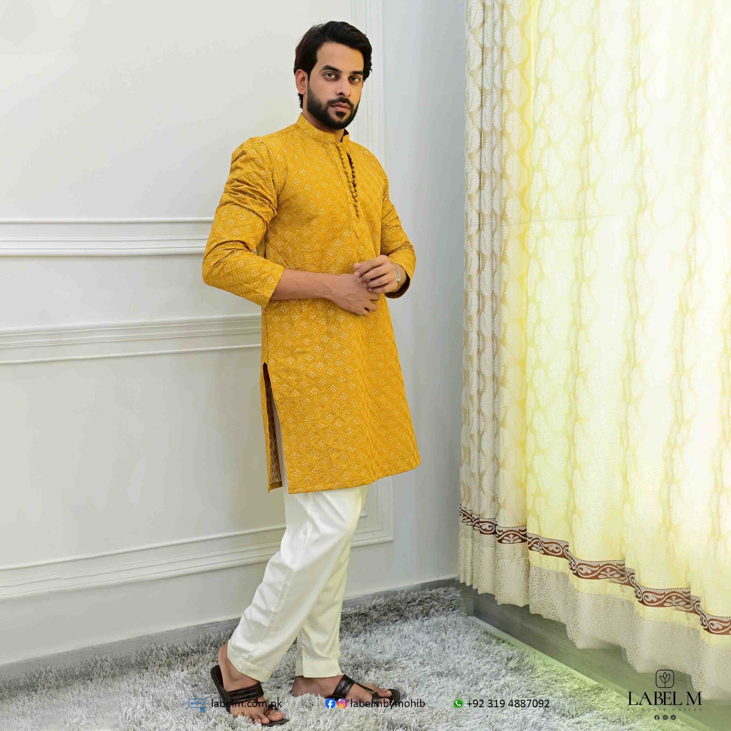 Mustard Raw Silk Embroidered Kurta Label M